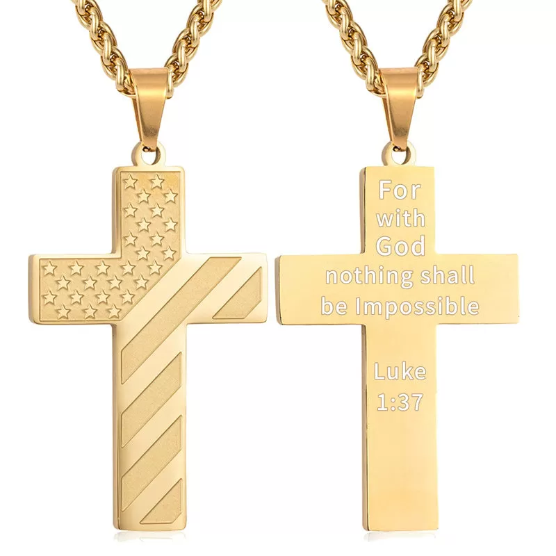 Personalized Men's Cross Necklace Bible Verse Stainless Steel American Flag Pendant Chain for Boys Men