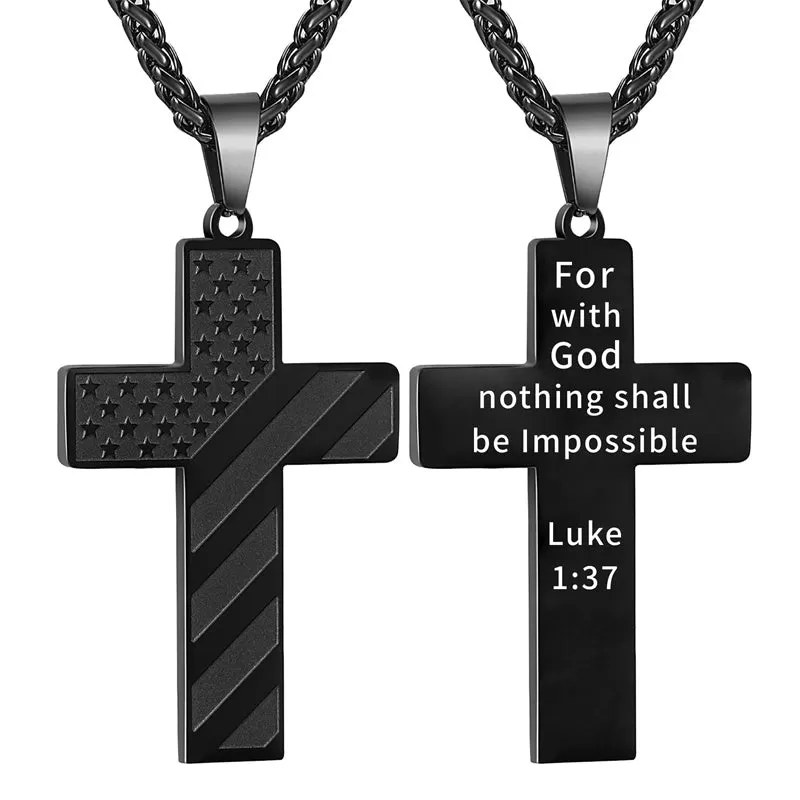 Personalized Men's Cross Necklace Bible Verse Stainless Steel American Flag Pendant Chain for Boys Men