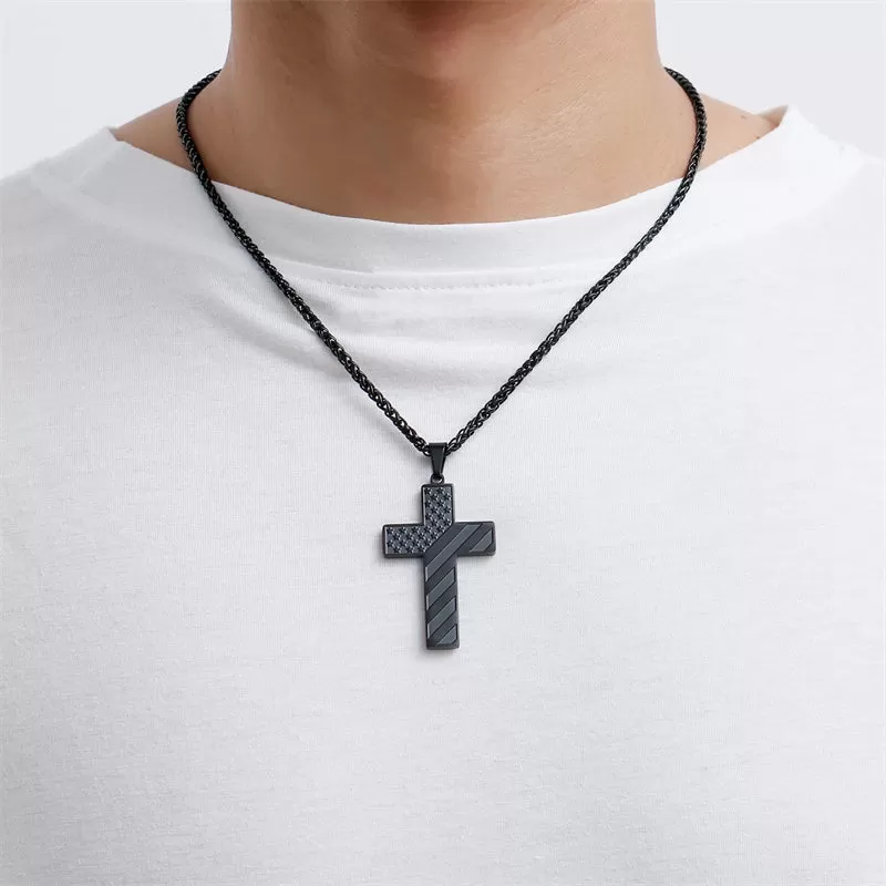 Personalized Men's Cross Necklace Bible Verse Stainless Steel American Flag Pendant Chain for Boys Men