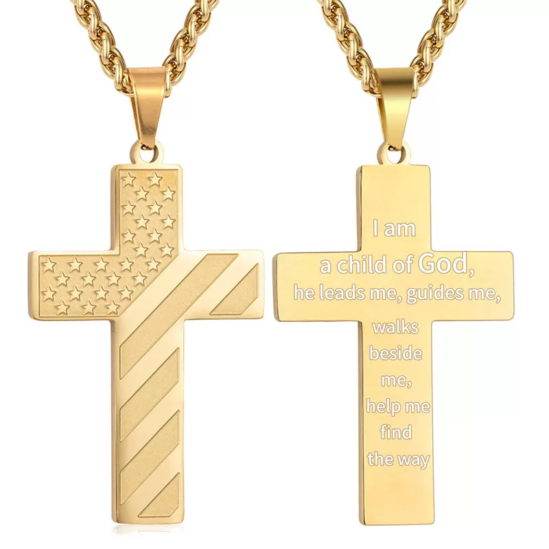 Personalized Men's Cross Necklace Bible Verse Stainless Steel American Flag Pendant Chain for Boys Men