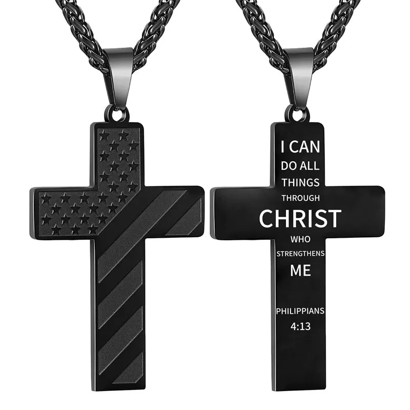 Personalized Men's Cross Necklace Bible Verse Stainless Steel American Flag Pendant Chain for Boys Men