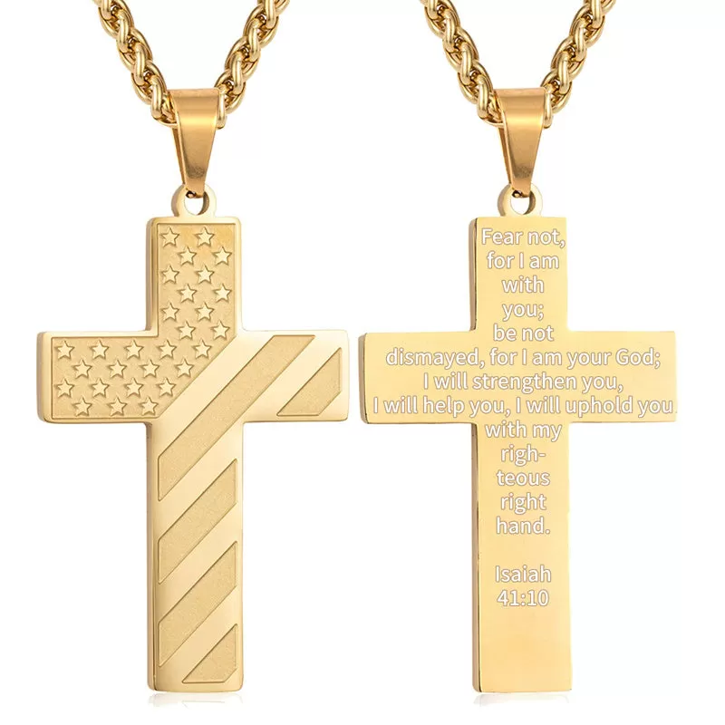 Personalized Men's Cross Necklace Bible Verse Stainless Steel American Flag Pendant Chain for Boys Men