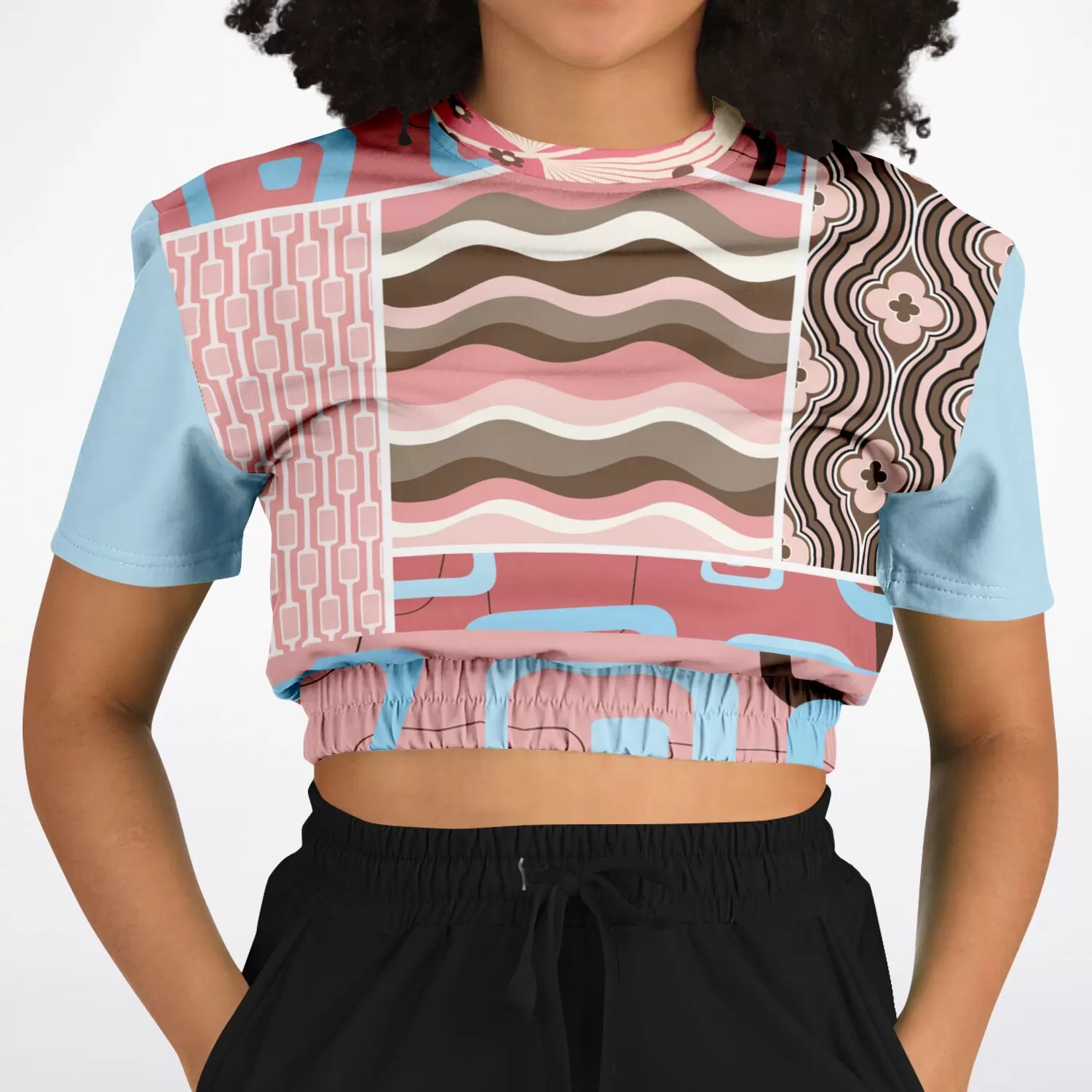 Pink Geo Retro Striped Short Sleeve Cropped Eco-Poly Sweater