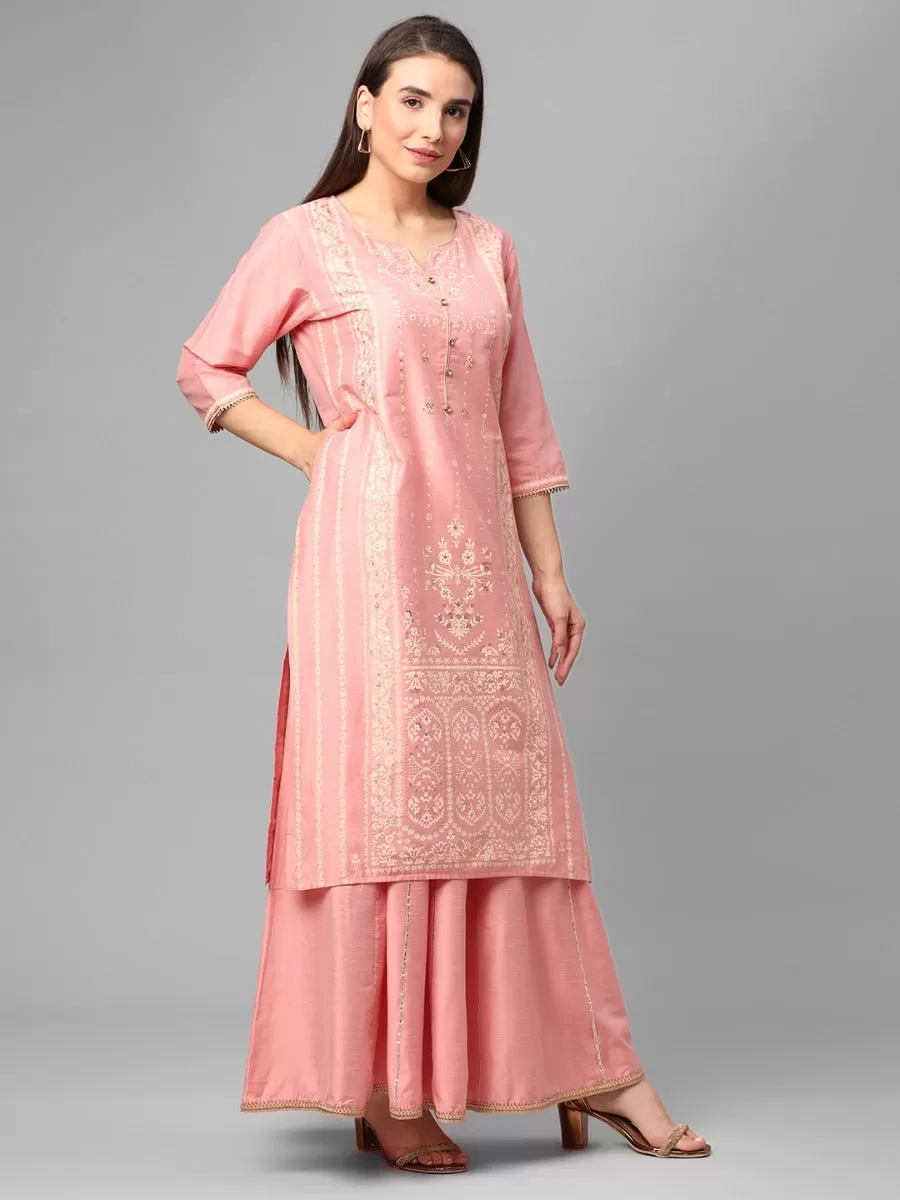 Pink Ornamental Printed Kurta With Skirt