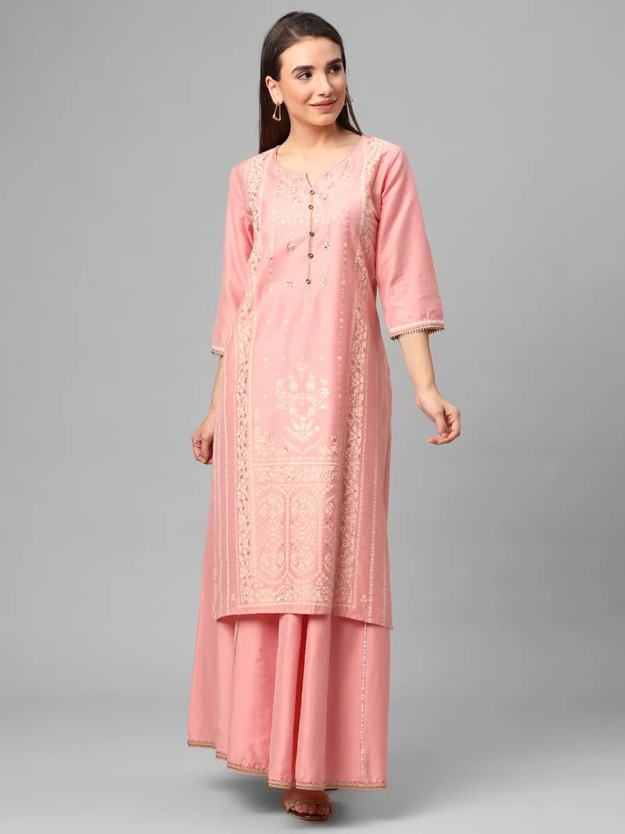 Pink Ornamental Printed Kurta With Skirt