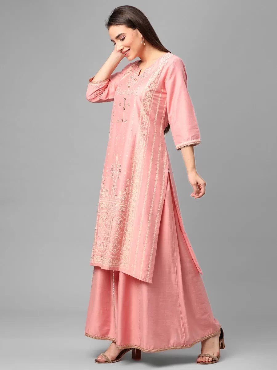 Pink Ornamental Printed Kurta With Skirt