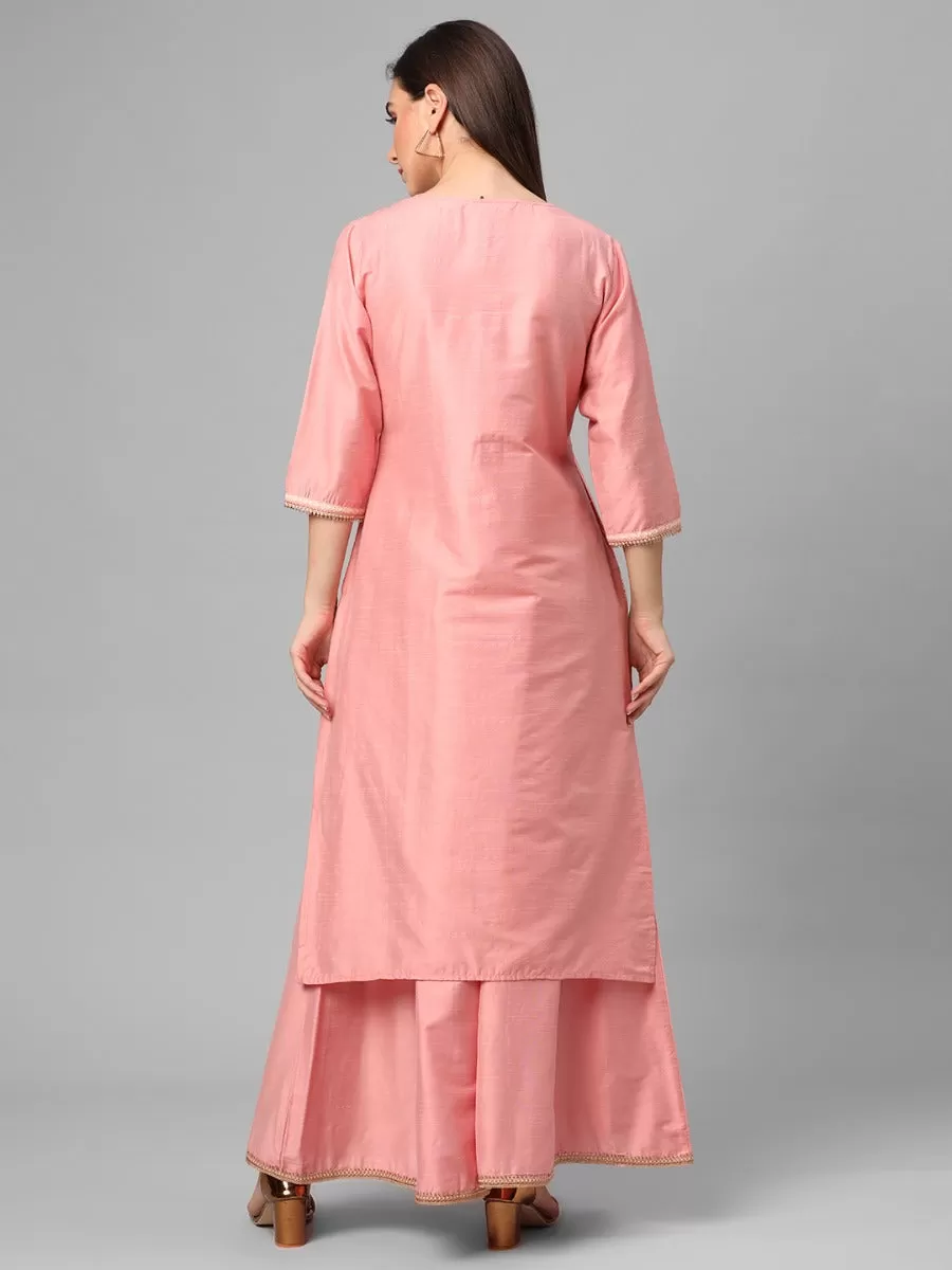 Pink Ornamental Printed Kurta With Skirt