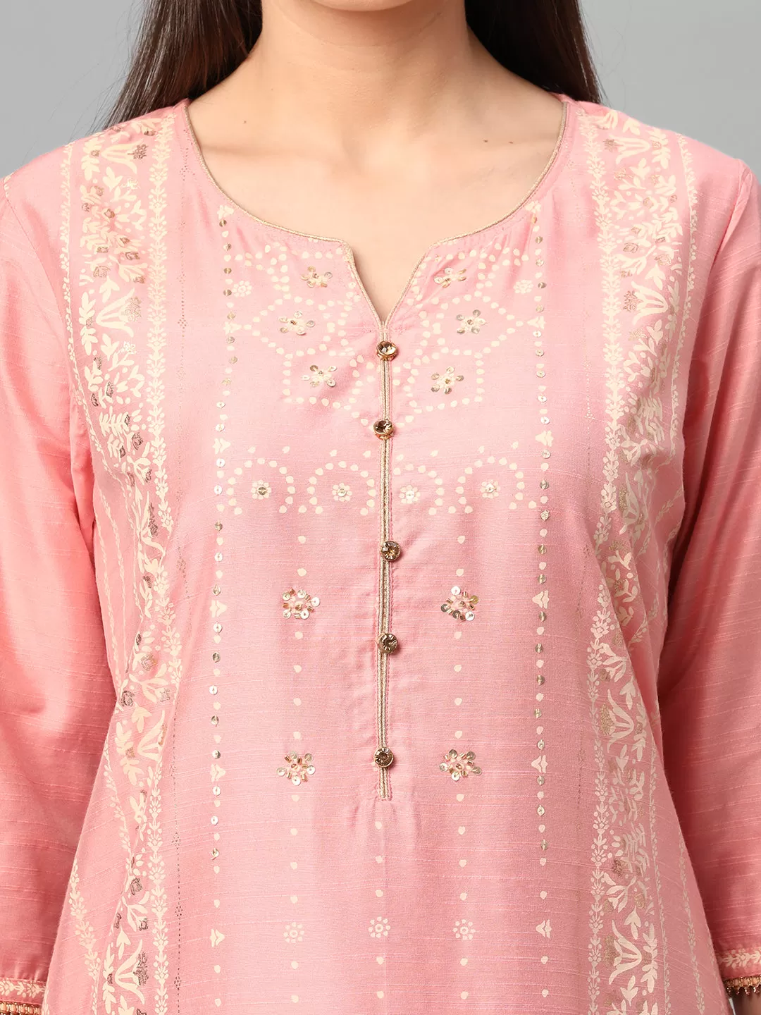 Pink Ornamental Printed Kurta With Skirt