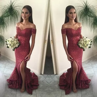 Red Mermaid Long Sequin Sexy Sweetheart Off-the-Shoulder Backless Custom Prom Dresses