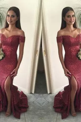 Red Mermaid Long Sequin Sexy Sweetheart Off-the-Shoulder Backless Custom Prom Dresses