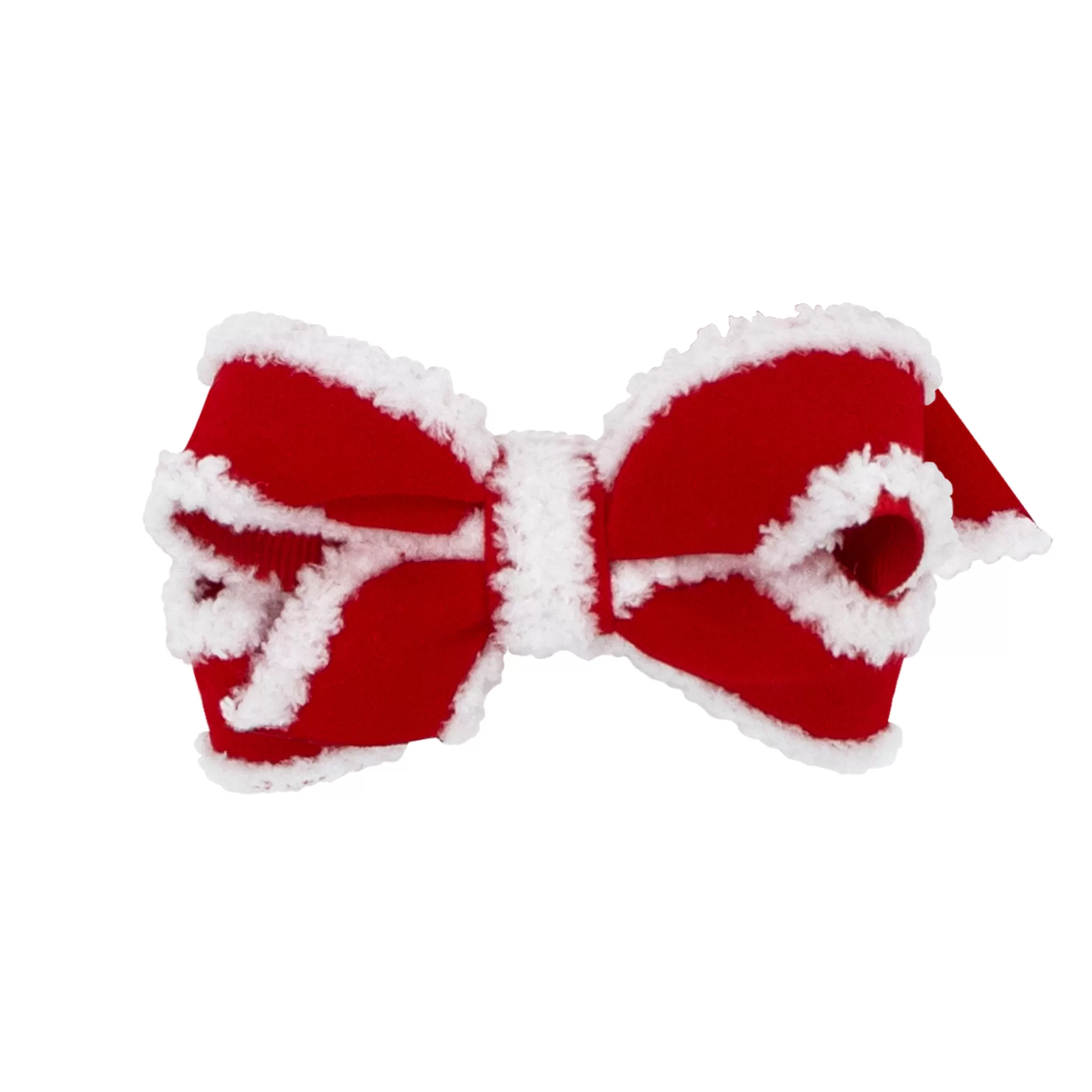 Red w/White Faux Fur Edge Velvet & Grosgrain Overlay Hair Bow on Clippie