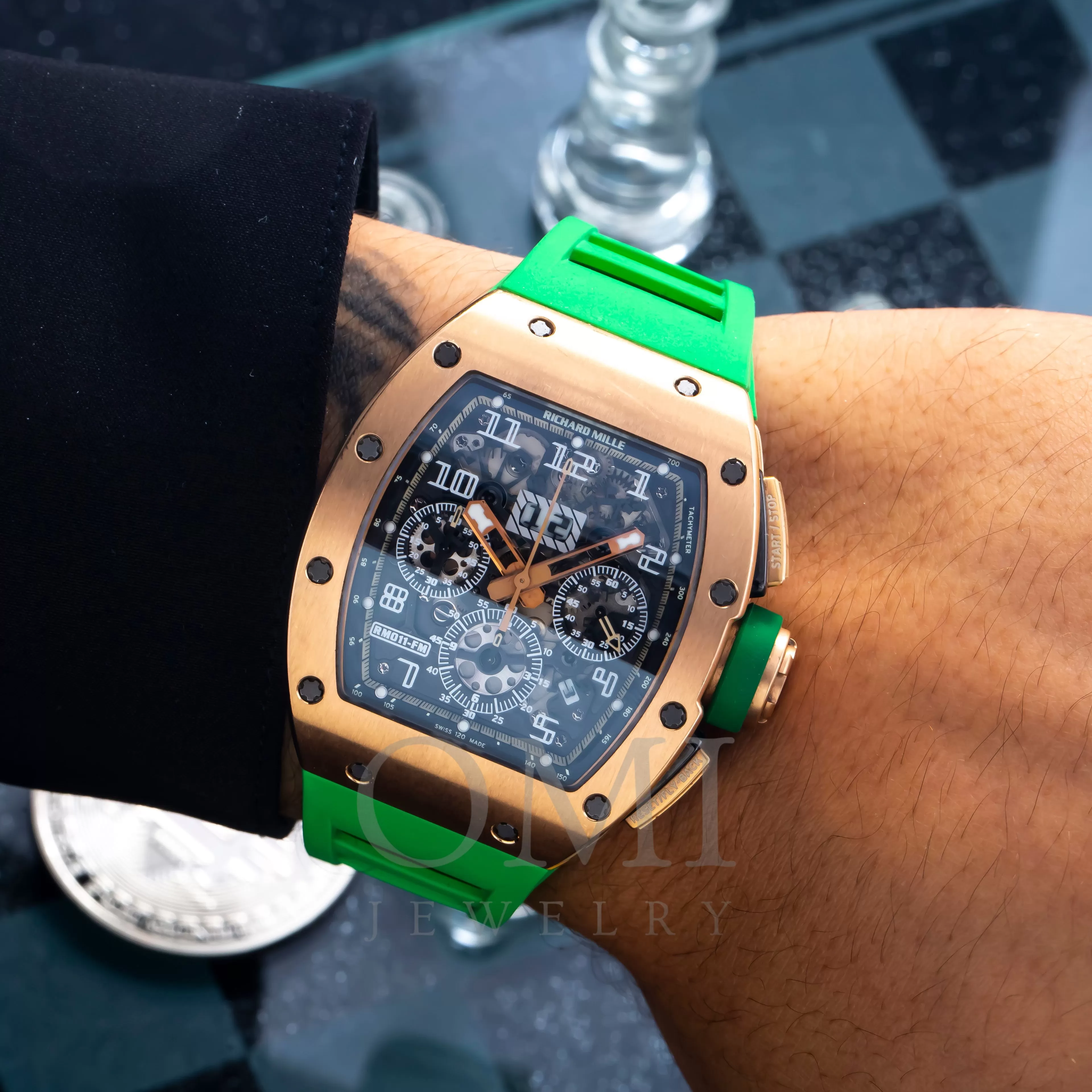 Richard Mille Roberto Mancini RM 011 50MM Transparent Dial With Green Rubber Bracelet