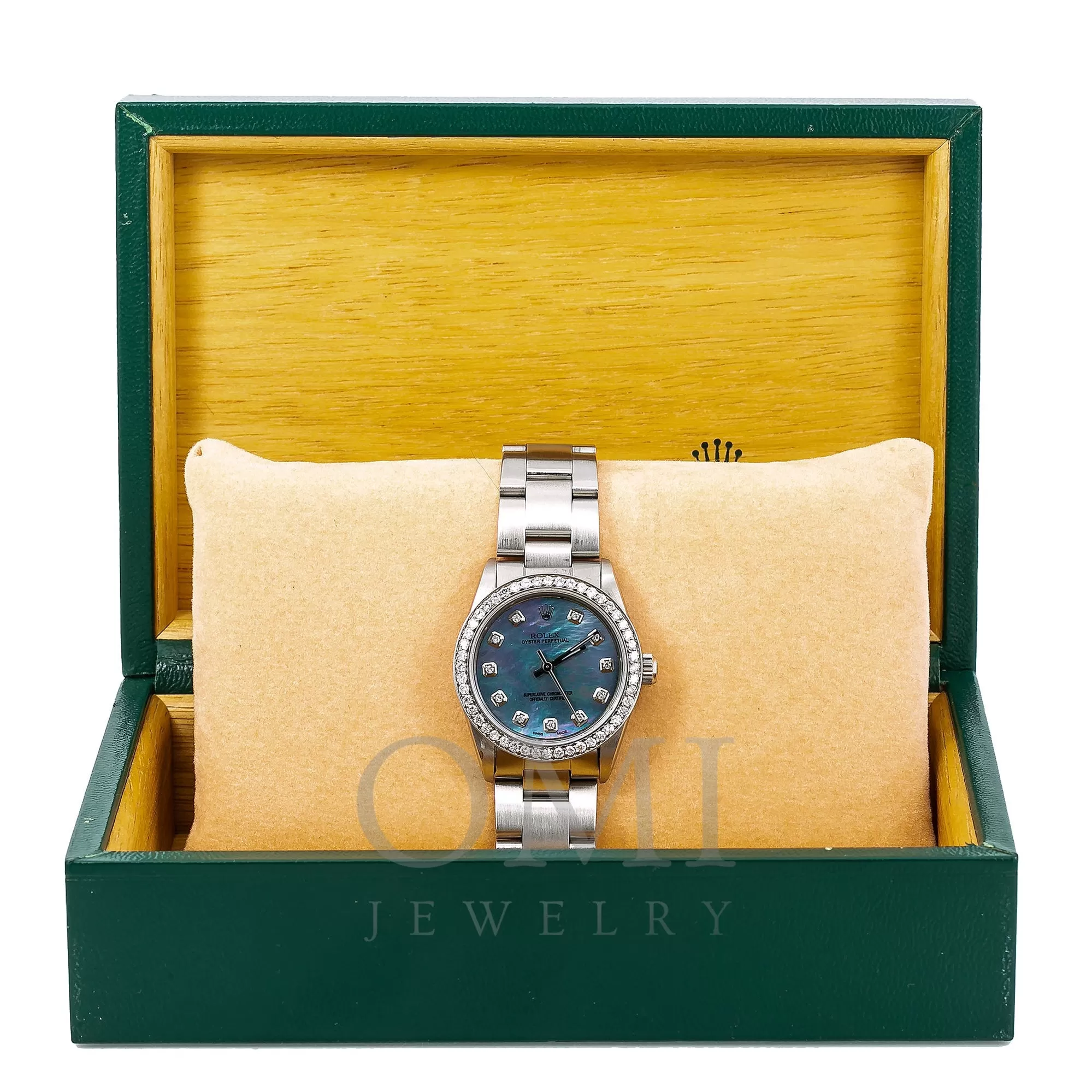 Rolex Oyster Perpetual 67513 31MM Blue Mother of Pearl Diamond Dial With 1.05 CT Diamonds