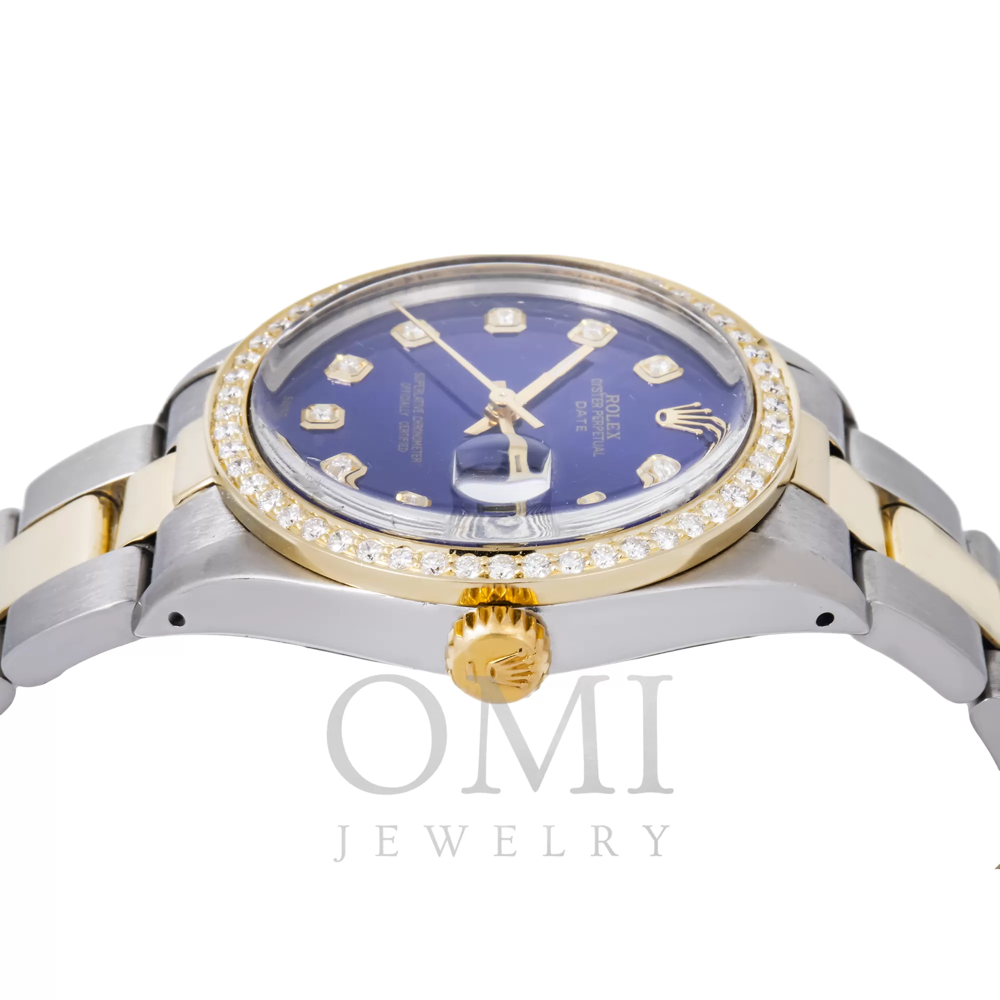 ROLEX OYSTER PERPETUAL  DATE 1505 34MM, BLUE DIAMOND DIAL WITH TWO TONE OYSTER BRACELET