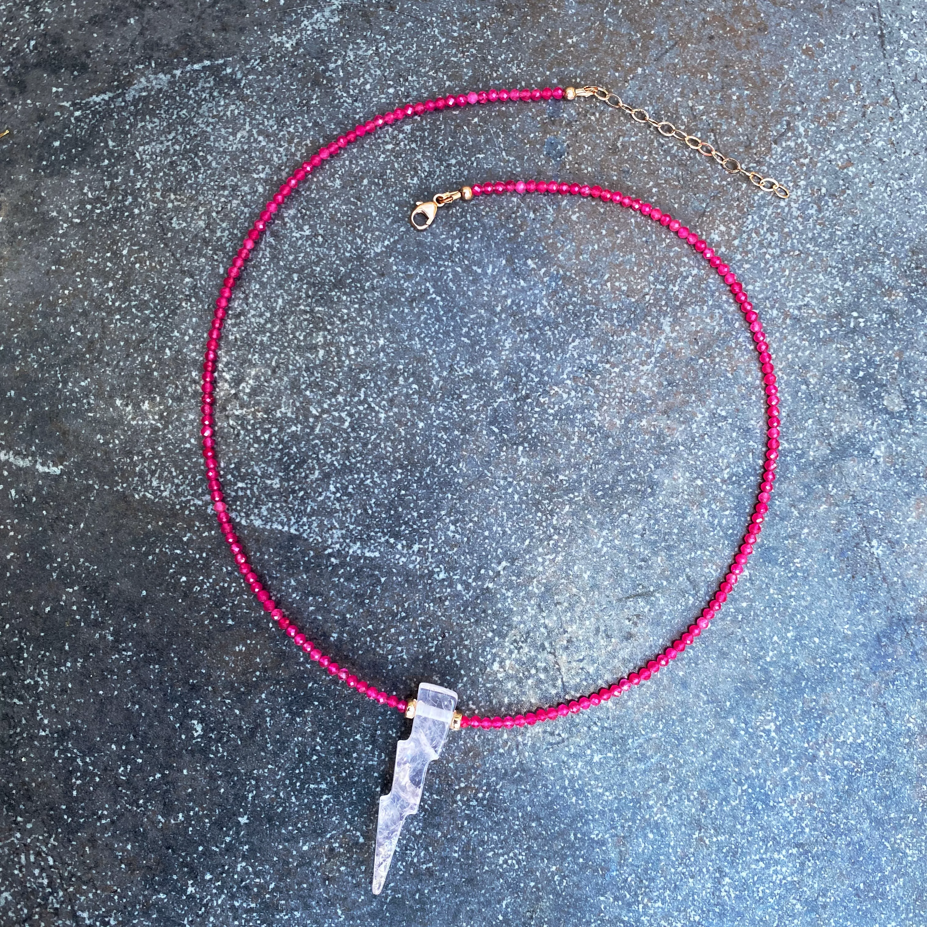 Rose Quartz Lighting Bolt with Hot Pink Jade Gemstone and 14 Kt Rose GF Necklace