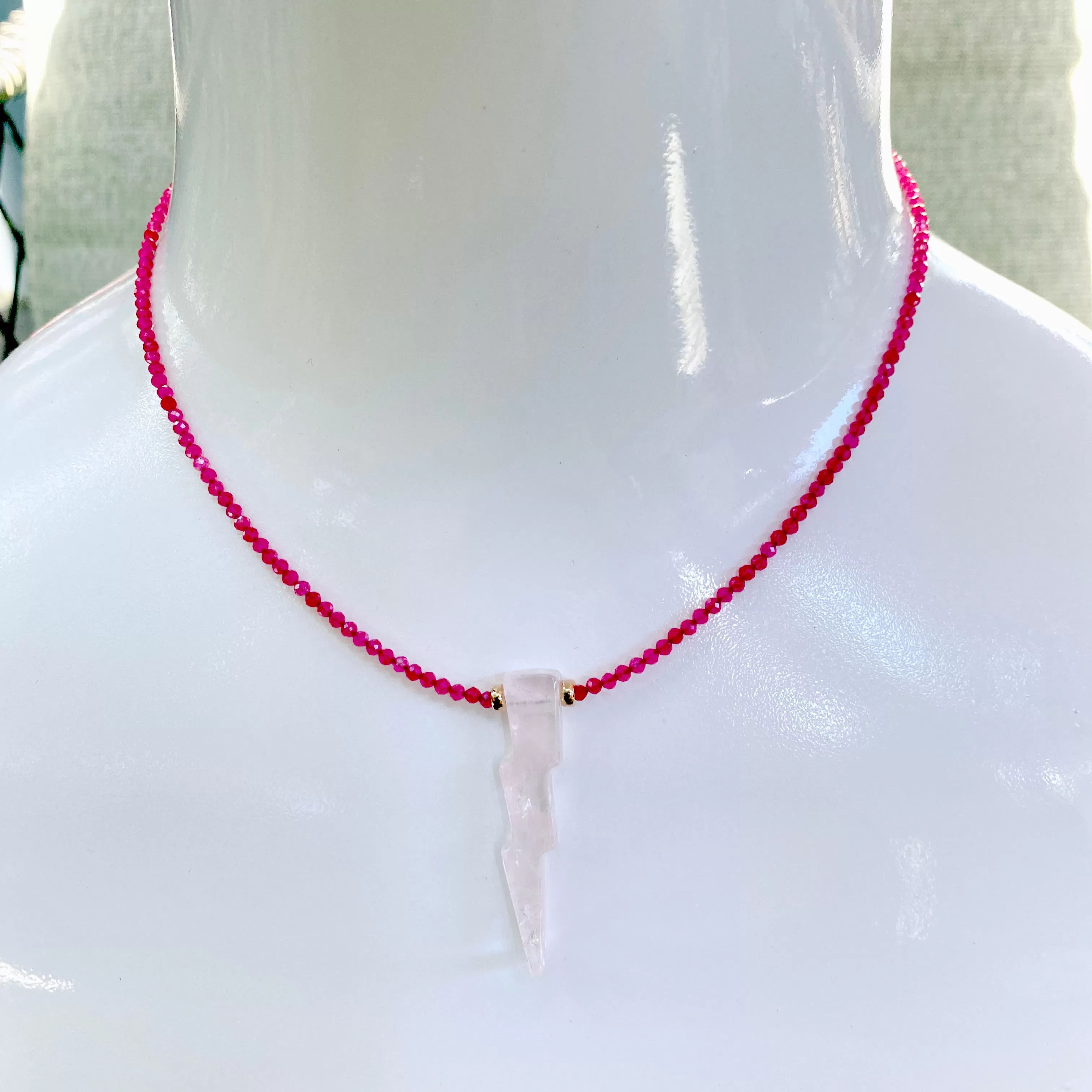 Rose Quartz Lighting Bolt with Hot Pink Jade Gemstone and 14 Kt Rose GF Necklace