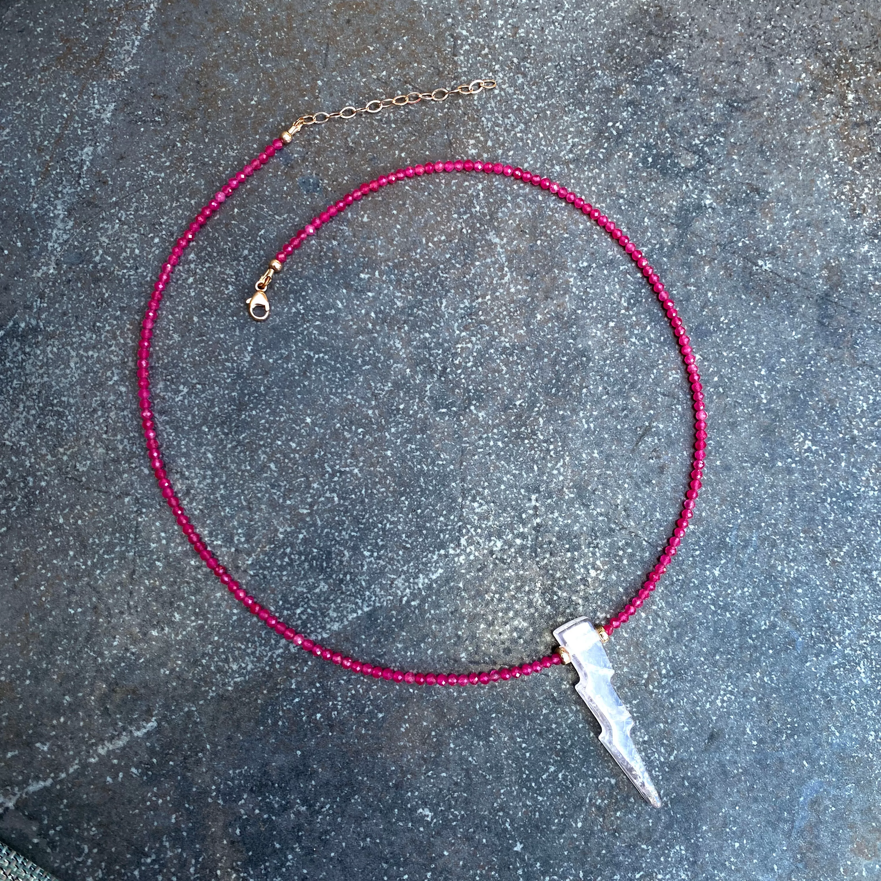 Rose Quartz Lighting Bolt with Hot Pink Jade Gemstone and 14 Kt Rose GF Necklace