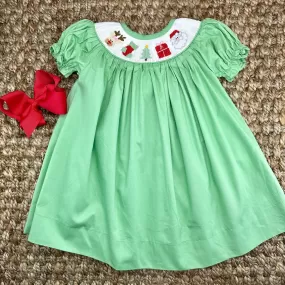 Santa Smocked Christmas Dress in Green