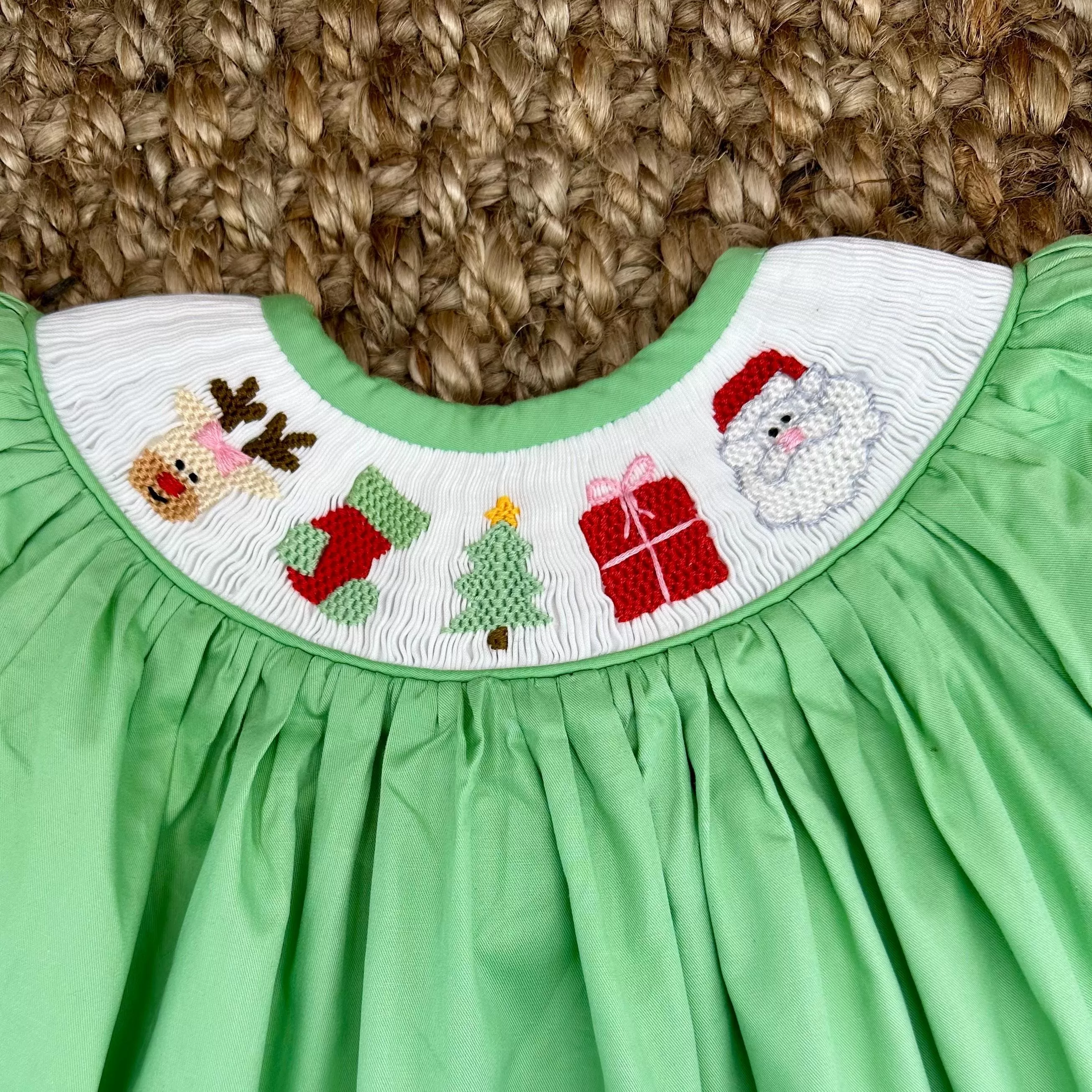 Santa Smocked Christmas Dress in Green