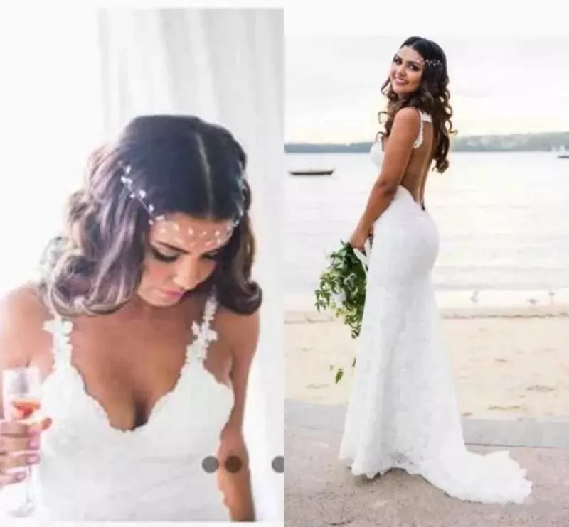 Sexy Lace Mermaid Spaghetti Straps V Neck Backless Beach Wedding Dresses