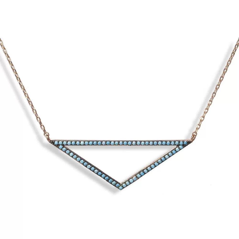 Short Rose Gold Plated Silver Necklace With Turquoise Cubic Zirconia Triangle