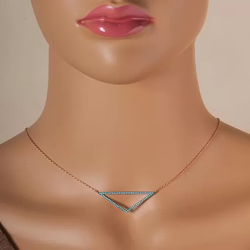 Short Rose Gold Plated Silver Necklace With Turquoise Cubic Zirconia Triangle