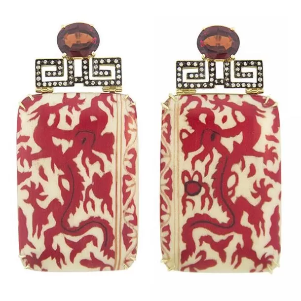 Silvia Furmanovich - Drop Earrings with Red Chinese Dragon Marquetry, Garnet and Diamonds, 18k Yellow Gold