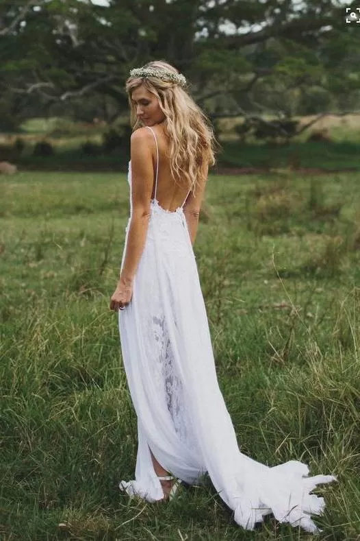 Simple Boho Spaghetti Straps Sweetheart Backless Chiffon Beach Wedding Dresses