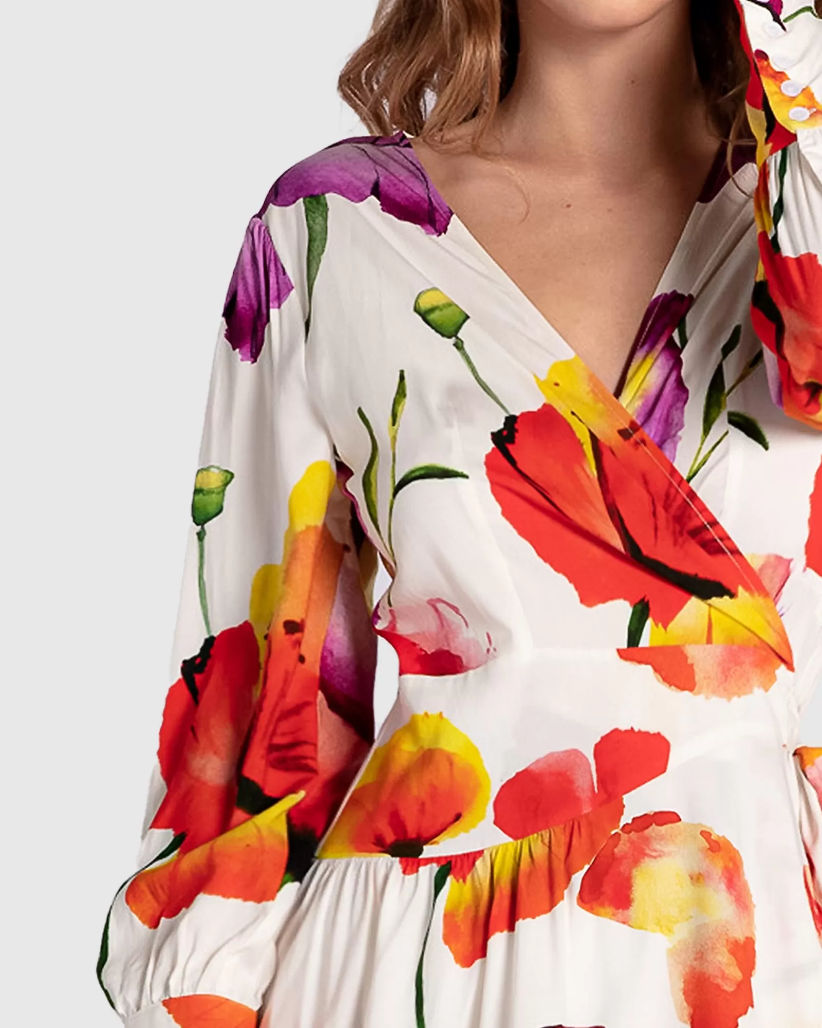 The Dancer Longsleeve Mini Wrap Dress - Wild Poppies