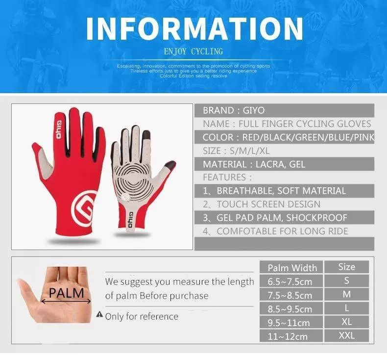 Touch Screen Long Full Fingers Gel Sports Cycling Gloves Women Men Bicycle Gloves Mtb Road Bike Riding Racing Gloves