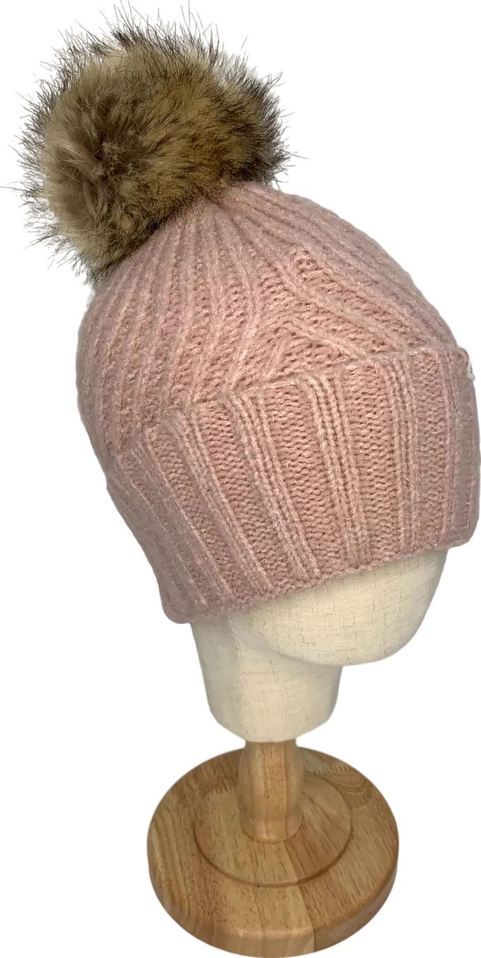 Treasure & Bond Pink Knitted Beanie Hat With Faux Fur Bobble One Size