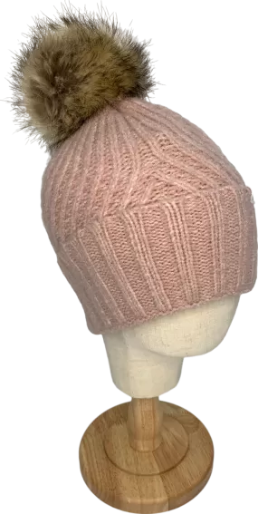 Treasure & Bond Pink Knitted Beanie Hat With Faux Fur Bobble One Size