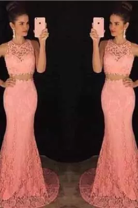 Two Piece Lace Mermaid Peach Long Sexy Sleeveless Prom Dresses