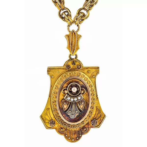 Victorian Etruscan Revival Locket on Long Chain