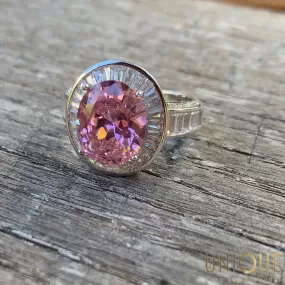 Vintage Sterling Silver Pink Tourmaline Ring With CZ Baguettes