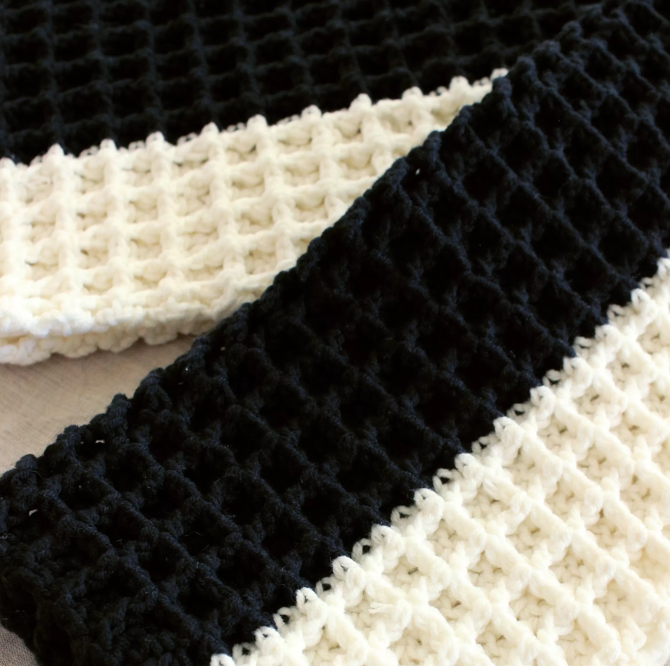 Waffle Crochet Scarf in Black & Off White