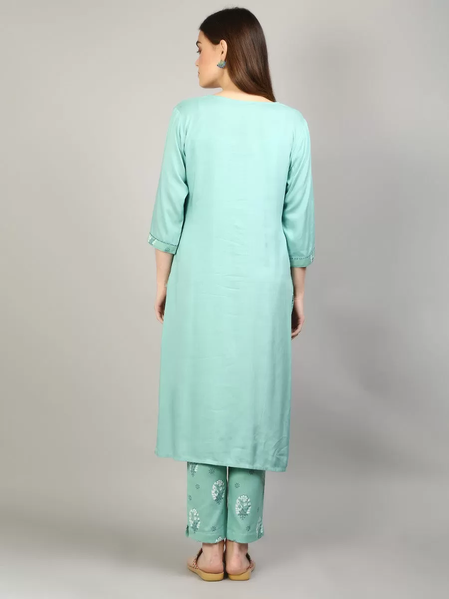 Women Aqua Blue Solid Kurta With Trouser