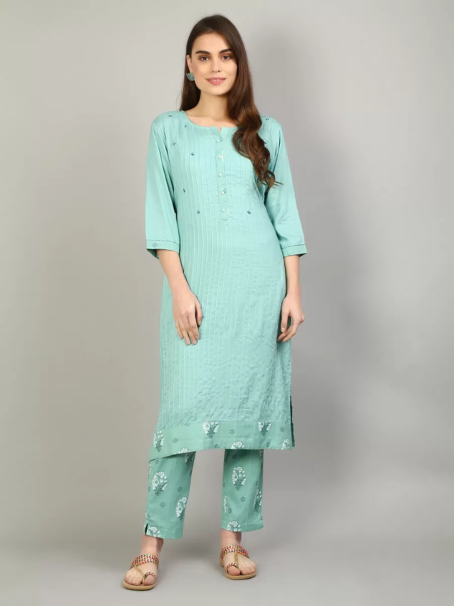 Women Aqua Blue Solid Kurta With Trouser