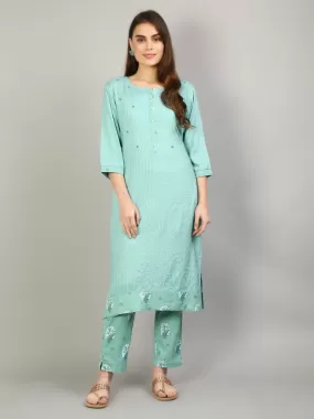 Women Aqua Blue Solid Kurta With Trouser