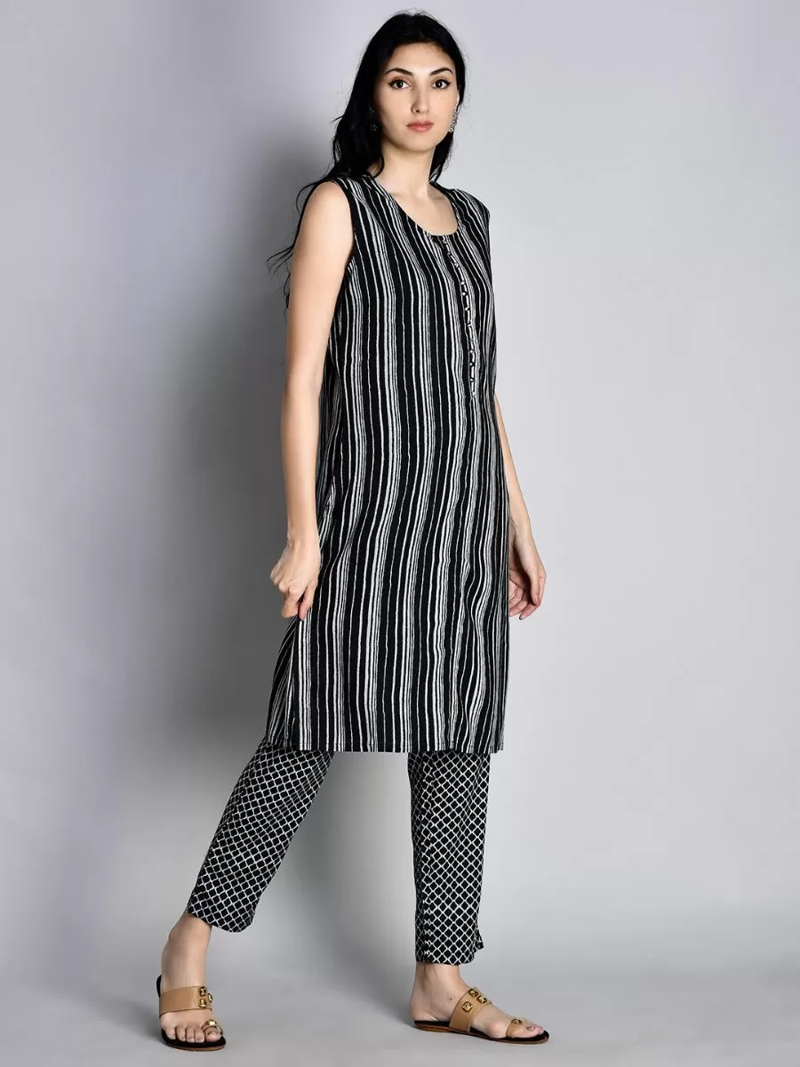 Women Black Stripe Printed Kurta Trouser Jacket