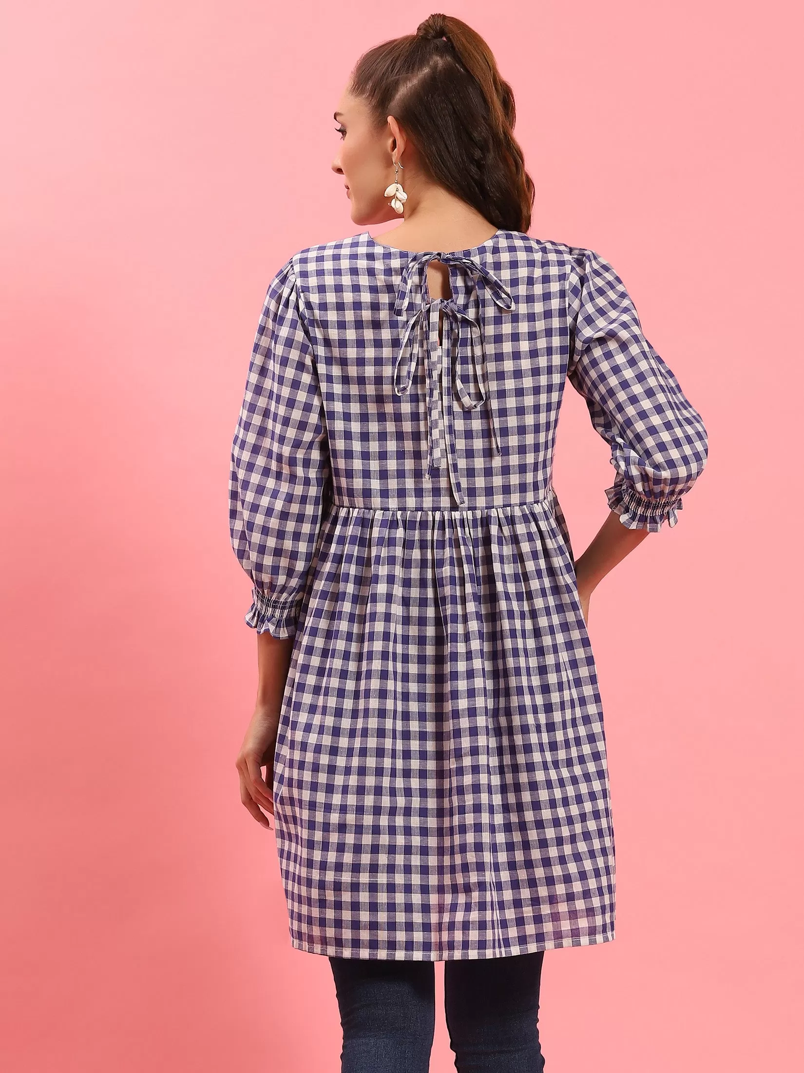 Women Blue Checked Short Dress