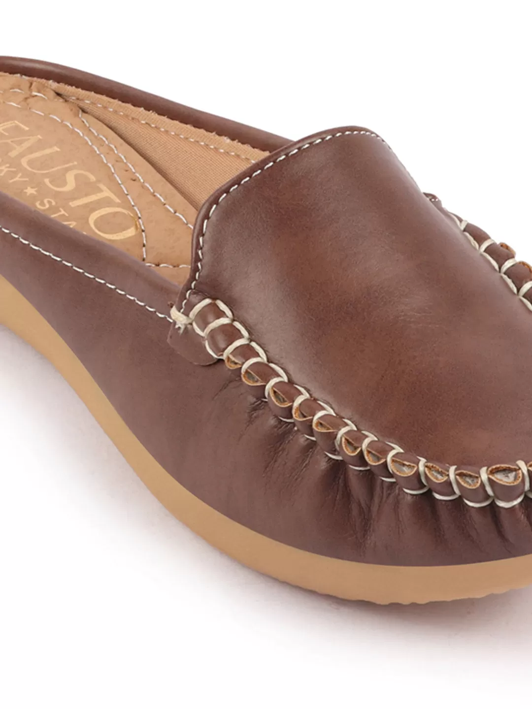 Women Brown Side Stitched Back Open Slip On Mules Shoes