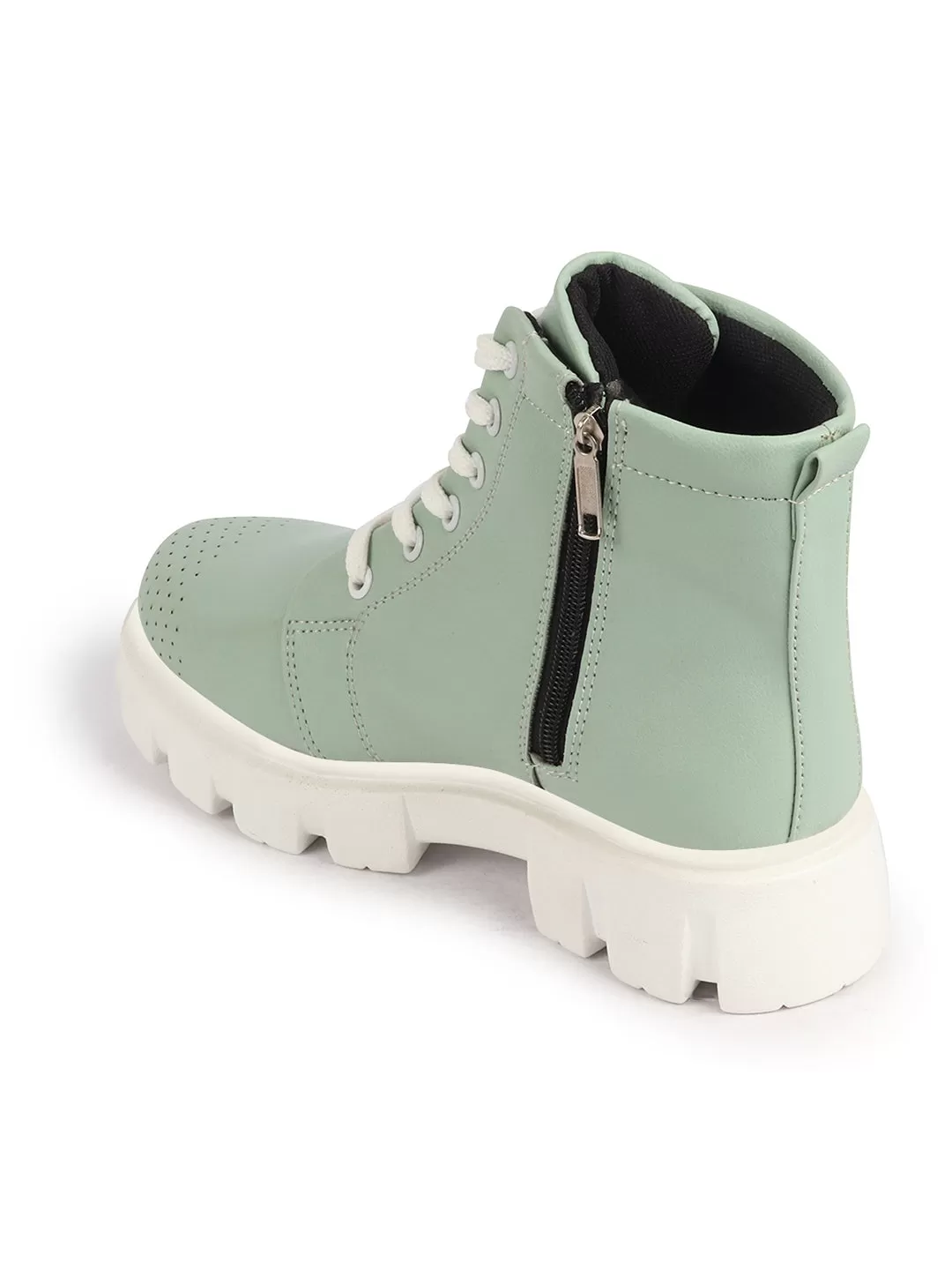 Women Pista Green Outdoor Winter High Top Chunky Lace Up Casual Boots