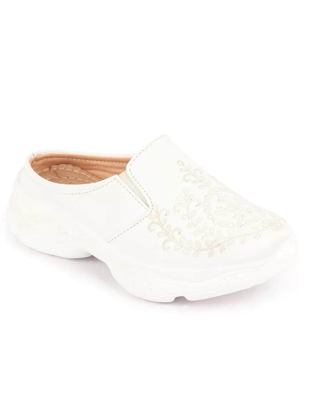 Women White Floral and Leaf Print Embroidery Design Back Open Slip On Mules Shoes