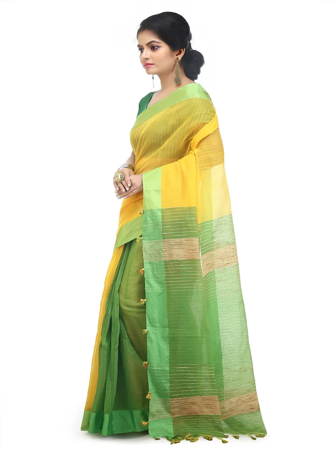 Yellow green bengal handloom cotton blend saree